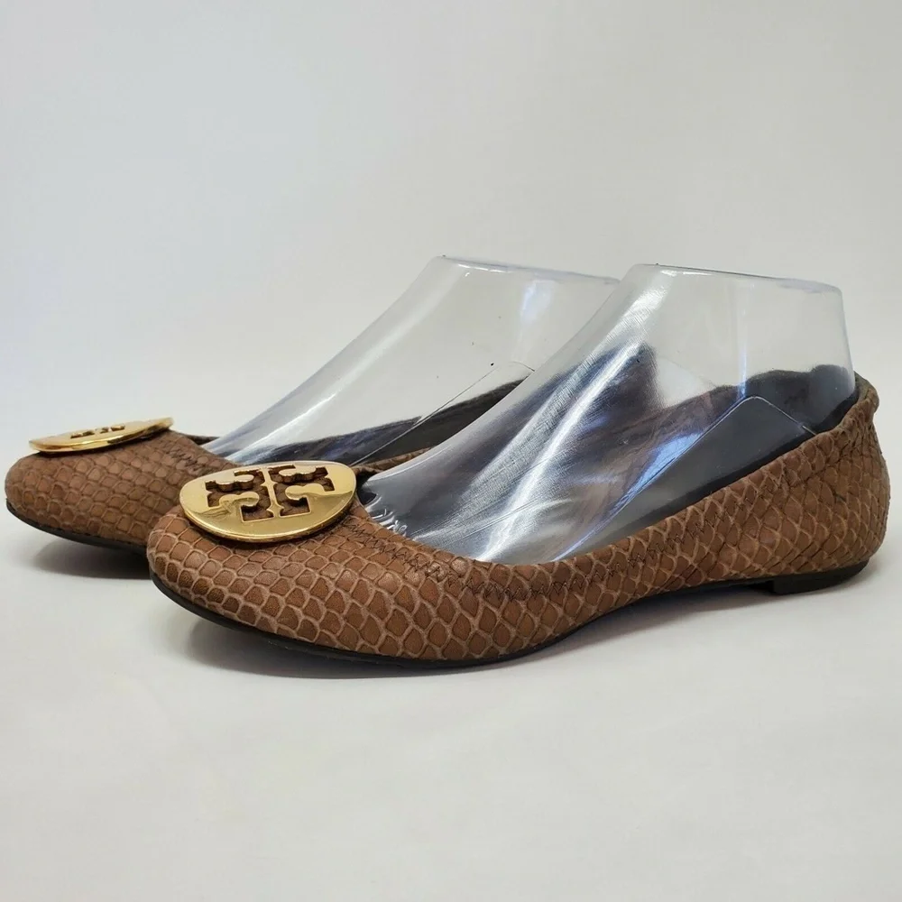 TORY BURCH Brown Reva Ballet Flat Snake Skin Leather Women's Sz 6.5 M